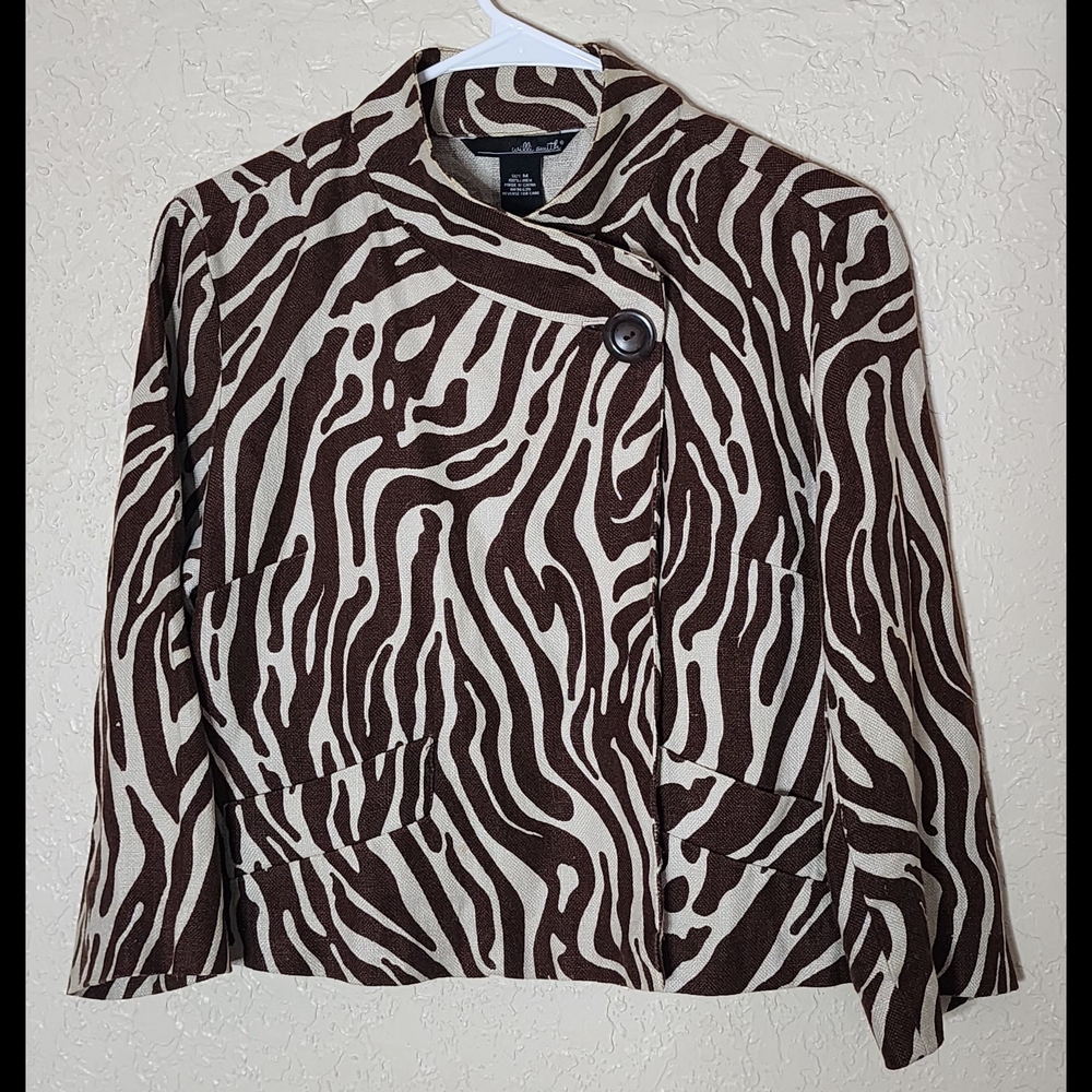 Willi Smith Brown and White Zebra Print Women's Jacket 100% Linen Size M - Picture 3 of 9